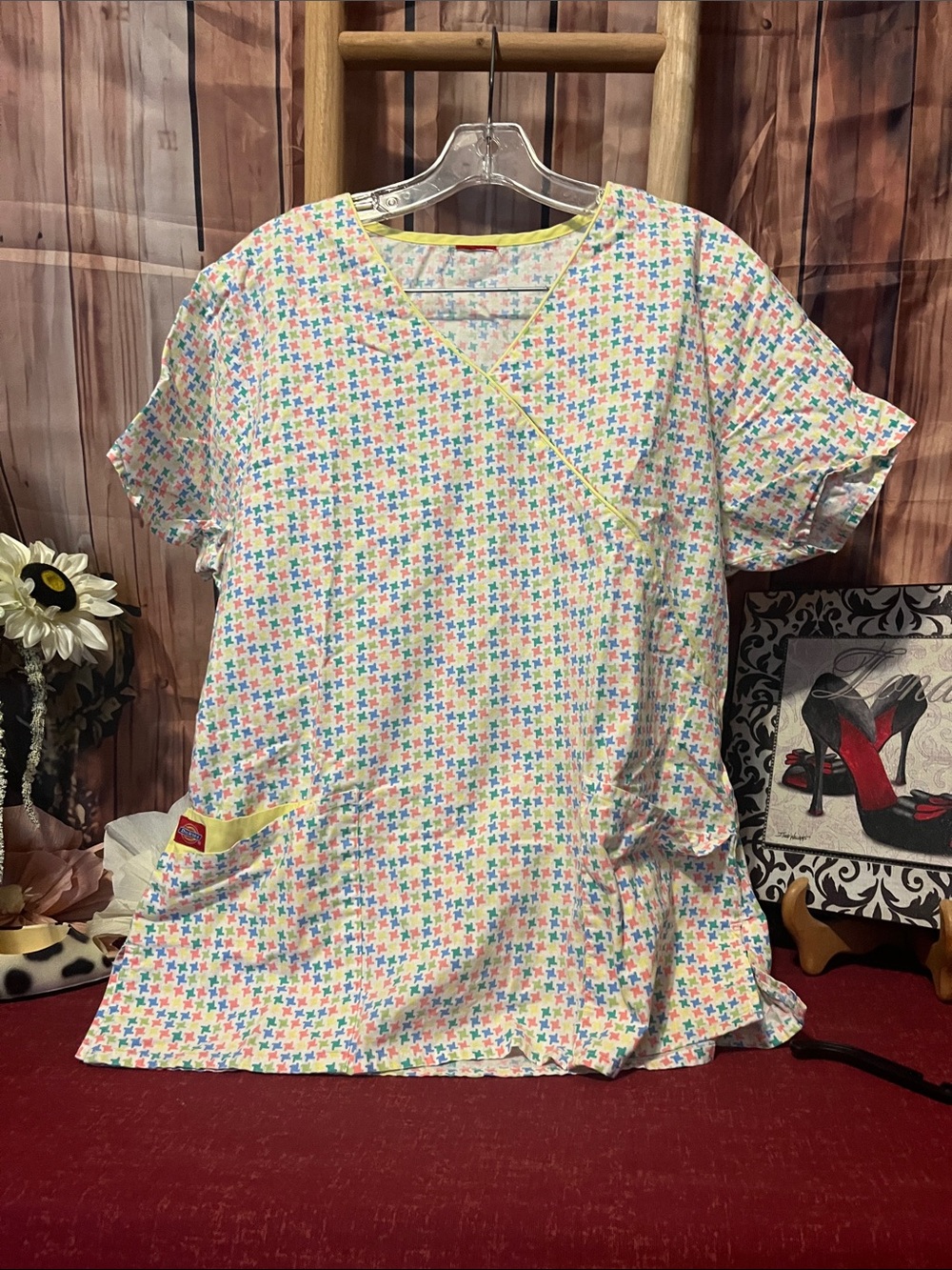 Women's Multicolor Puzzle-Print Wrap Tunic Scrub Top. Set of 3